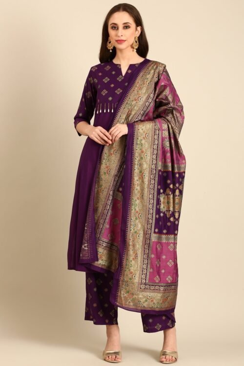 Purple Muslin suit with banarasi dupatta