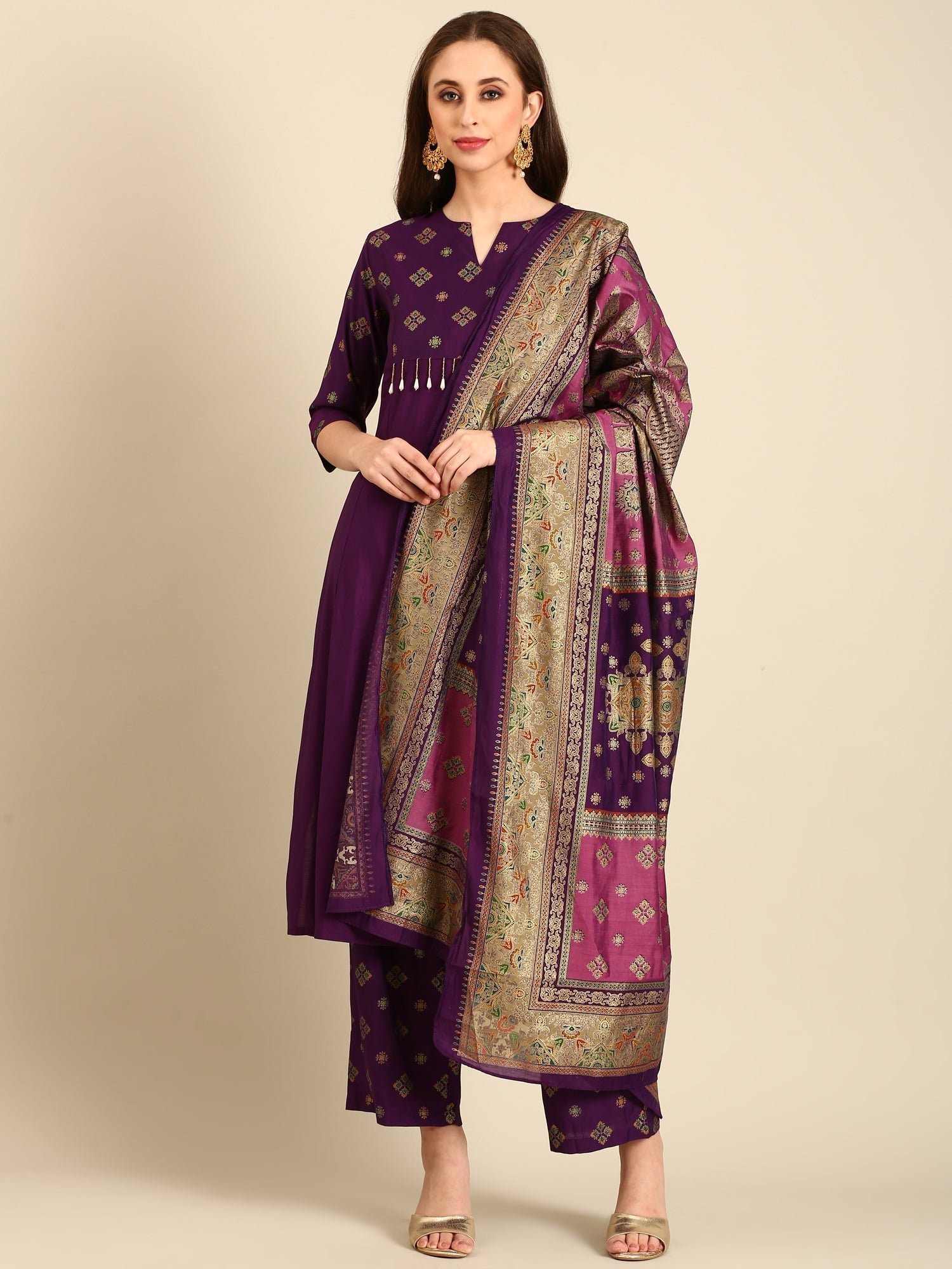 Purple Muslin suit with banarasi dupatta