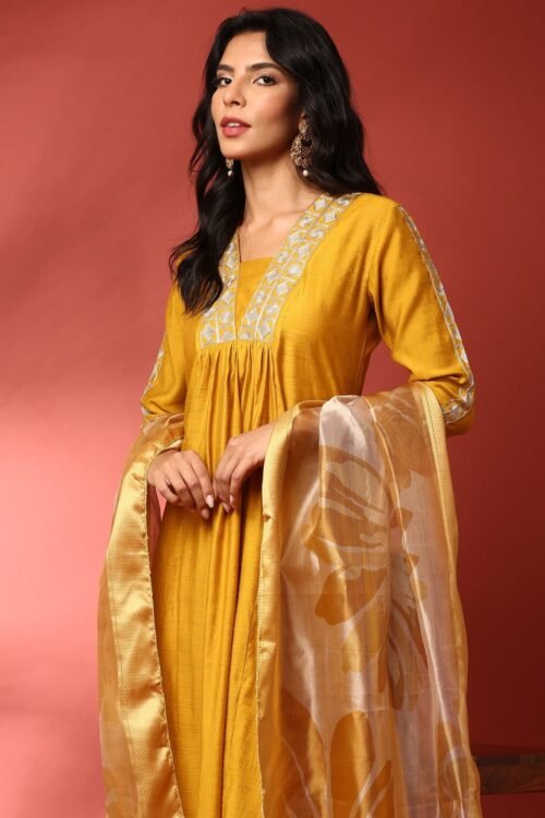 Mustard Silk embroidered three piece suit set