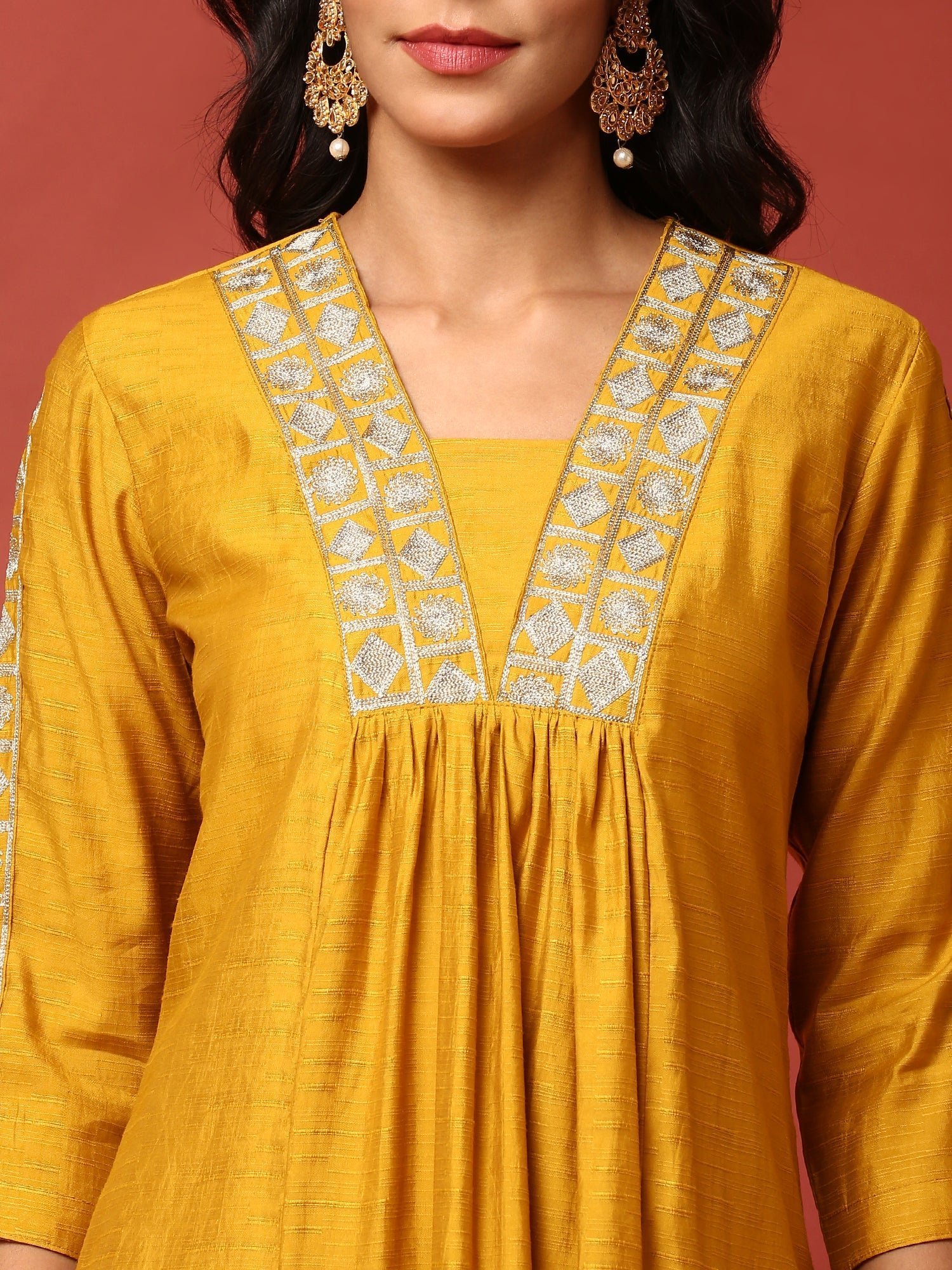 Mustard Silk embroidered three piece suit set - Image 4