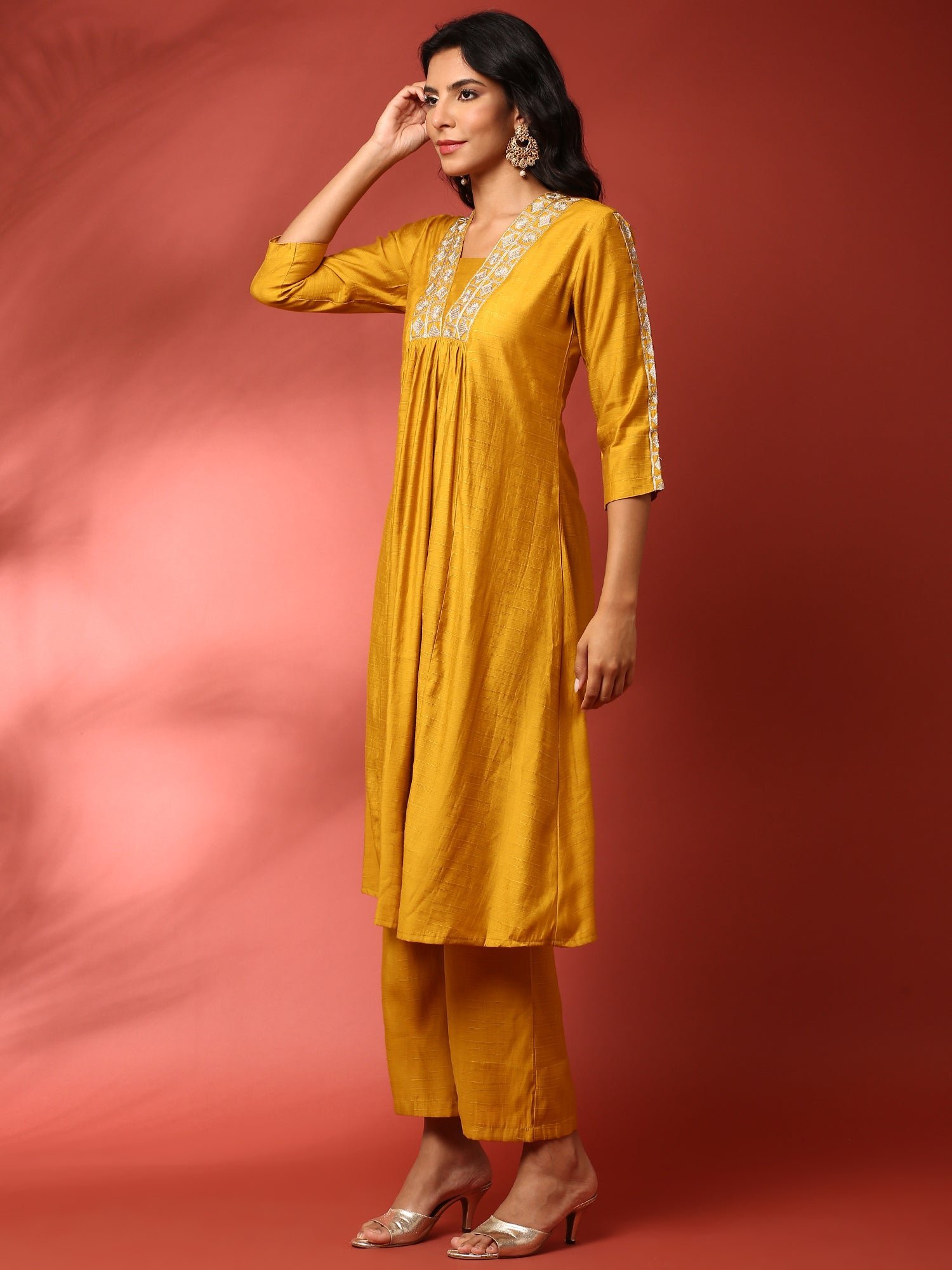 Mustard Silk embroidered three piece suit set - Image 2