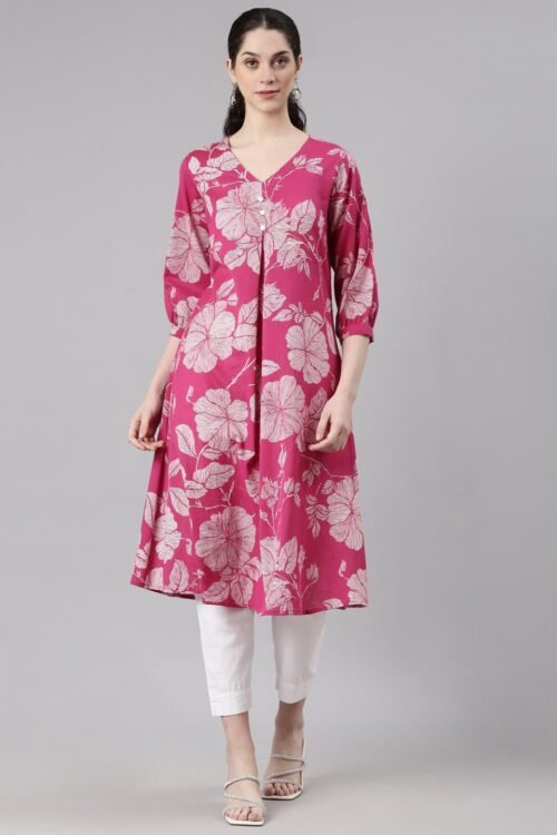 Transacthubs Pink Anarkali Casual Floral Kurta