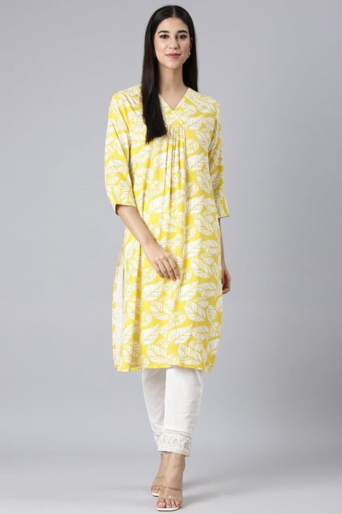Transacthubs Yellow Casual Floral Straight Kurta