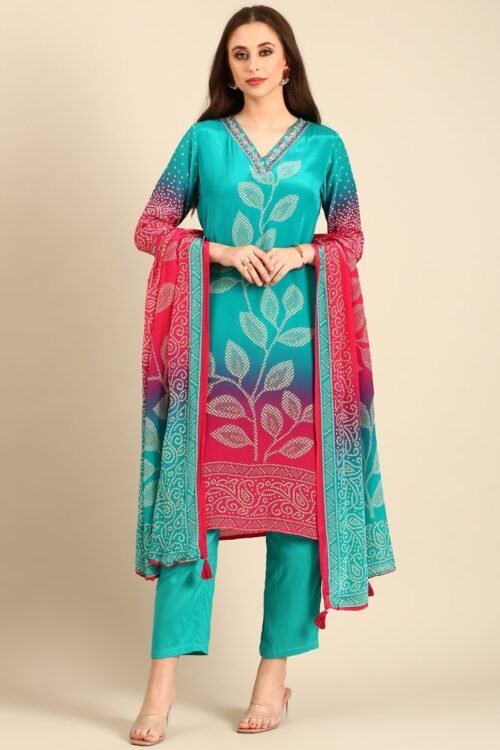 Green two colored crepe bandhani printed three piece suit set