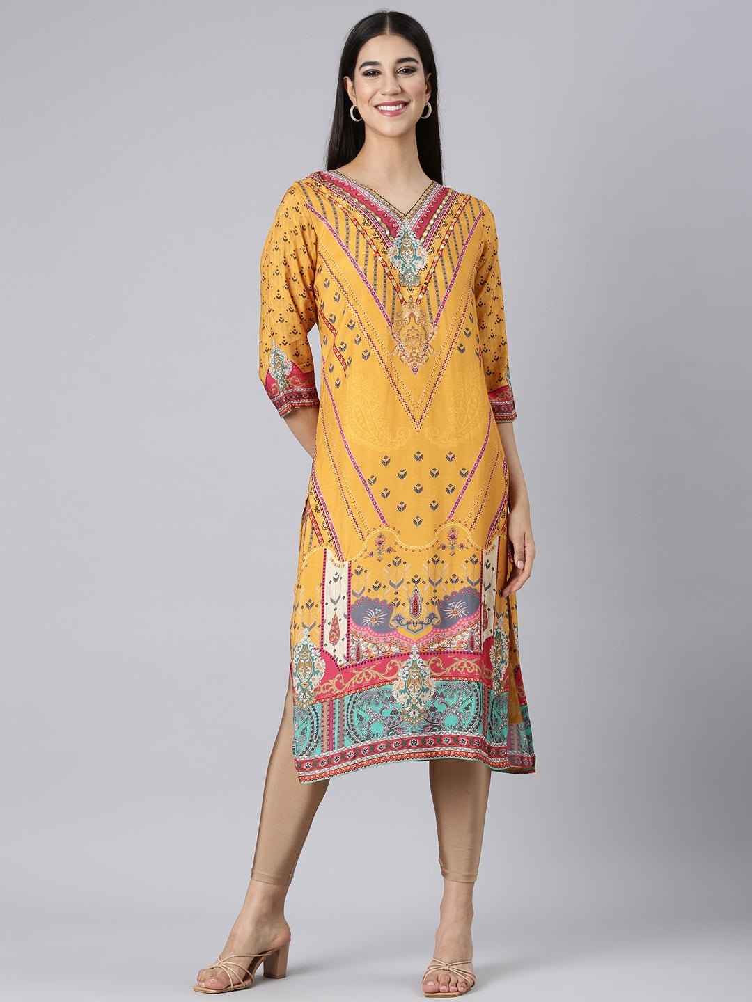 Transacthubs Mustard Casual Paisley Straight Kurta - Image 2