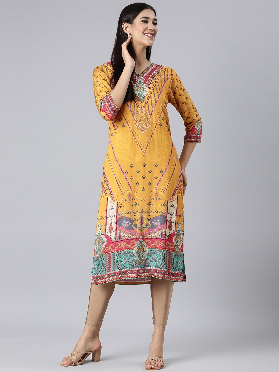 Transacthubs Mustard Casual Paisley Straight Kurta