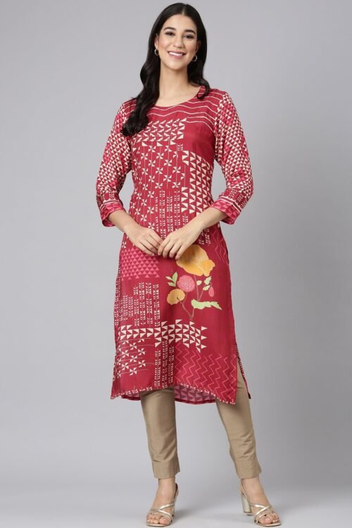 Transacthubs Maroon Casual Tribal Straight Kurta