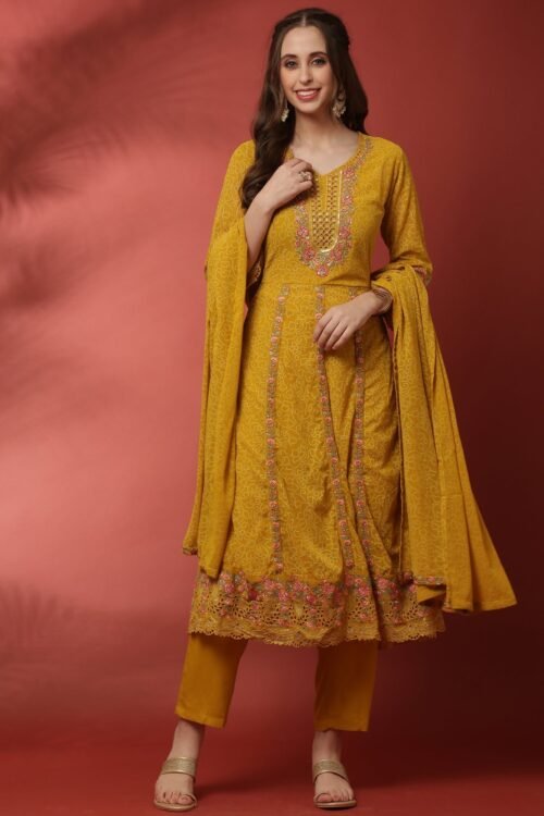 Mustard three piece georgette suit set with floral embroidery