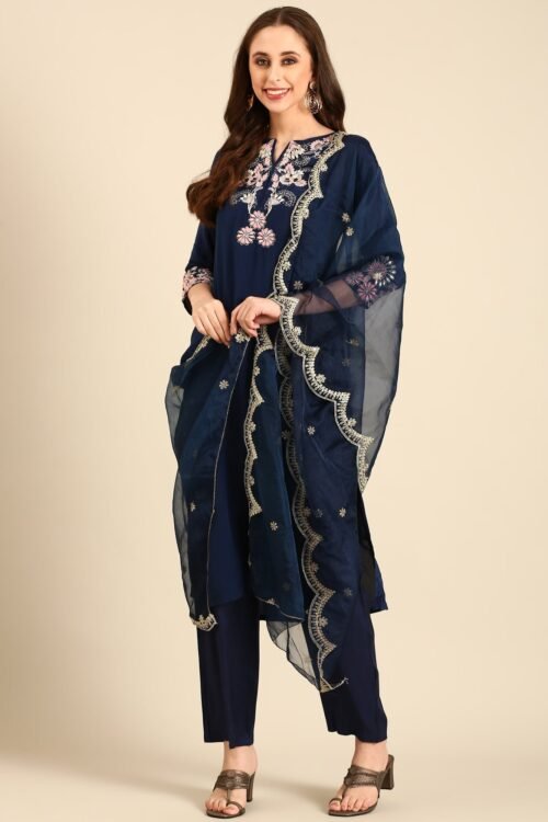Midnight Blue thread work three piece crepe suit set with organza dupatta