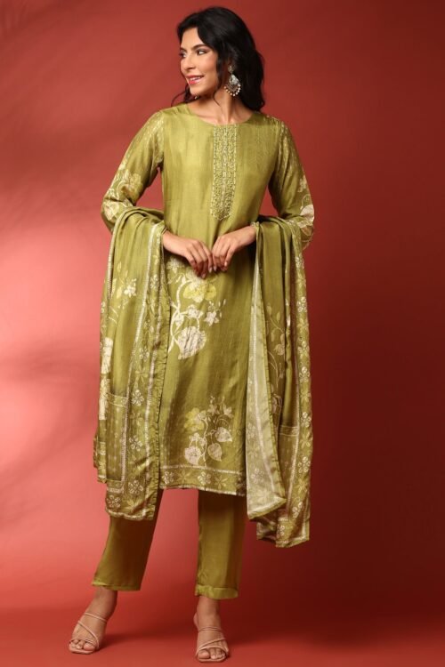 Green dola silk embroidered three piece suit set