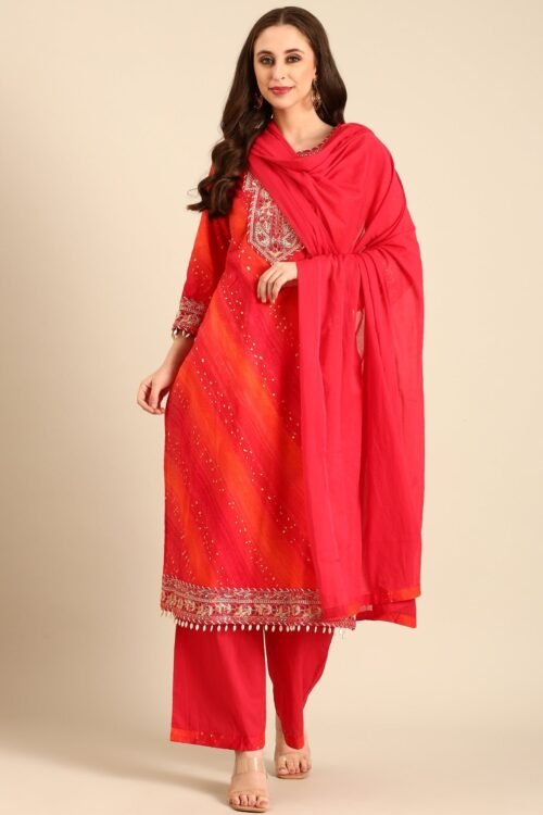 Pink muslin hand embroidery 3 piece suit set