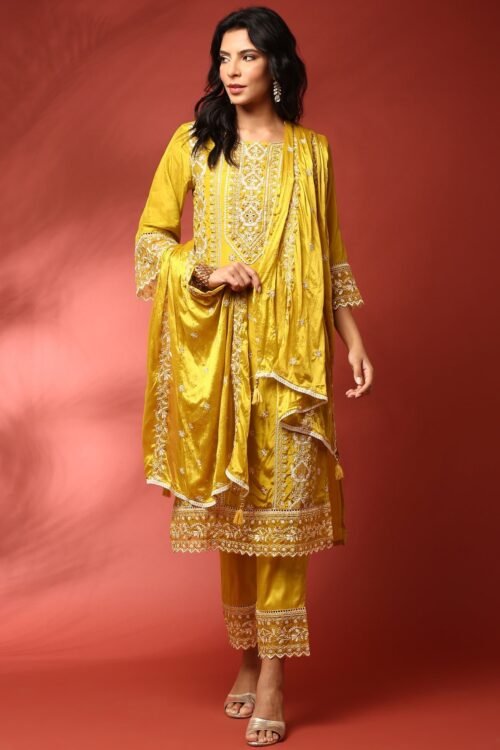 Green muslin heavy embroidered three piece suit set