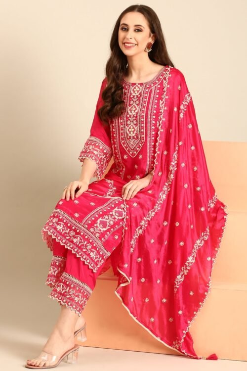 Pink muslin thread embroiderey three piece suit set