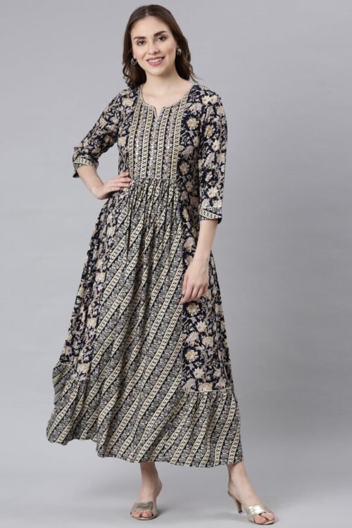 Transacthubs Navy Blue Flared Maxi Dresses with Ethnic Motifs – Casual Ethnic Wear