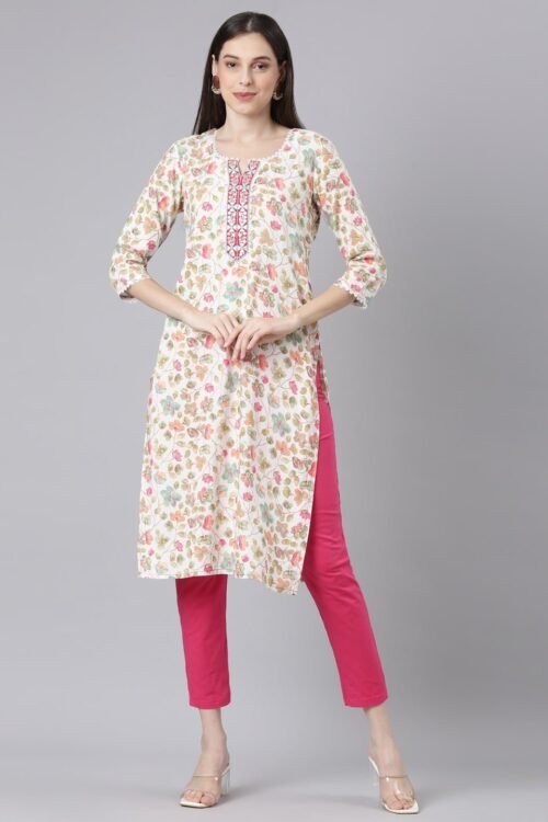 Transacthubs Off White Casual Floral Straight Kurta