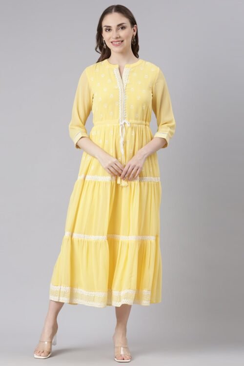Transacthubs Yellow Georgette Straight Maxi Dress with Ethnic Motifs – Casual Everyday Wear
