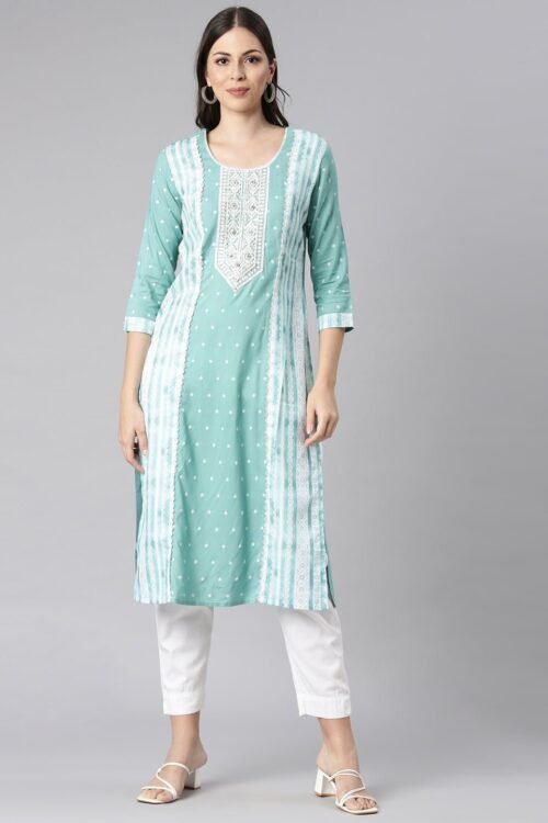 Transacthubs Sea Green Casual Solid Straight Kurta