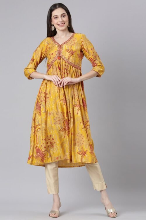 Transacthubs Mustard Casual Floral Anarkali Kurta