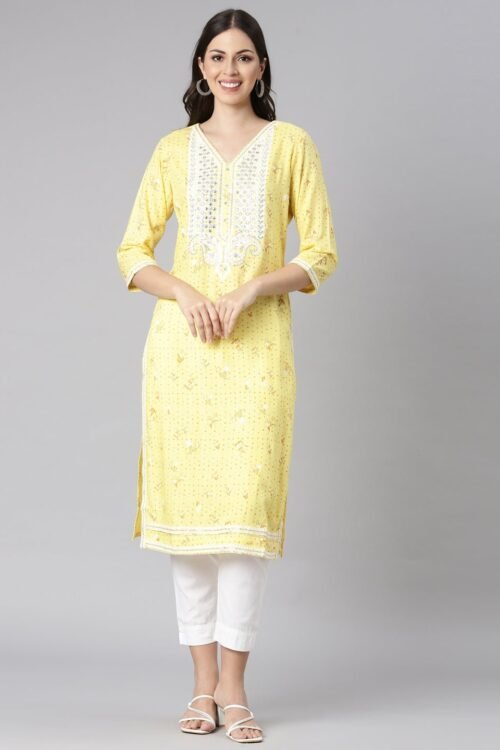 Transacthubs Yellow Casual Floral Straight Kurta