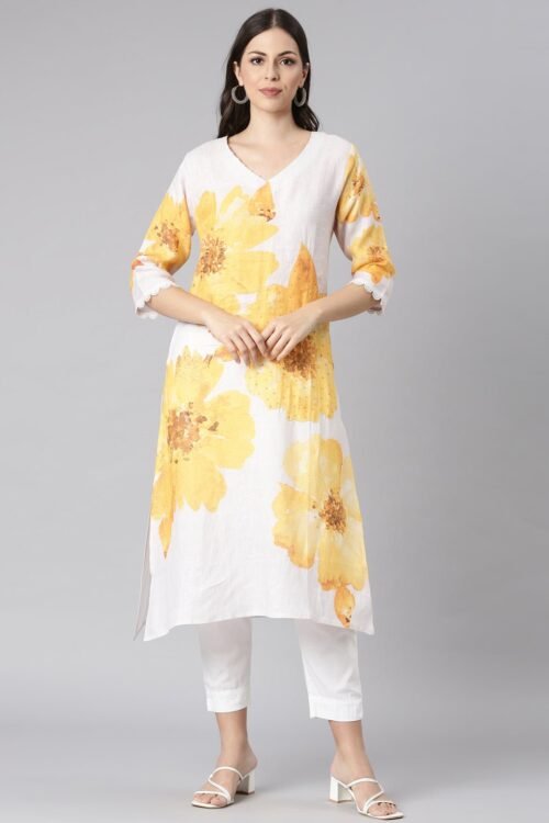 Transacthubs Yellow Casual Floral Straight Kurta