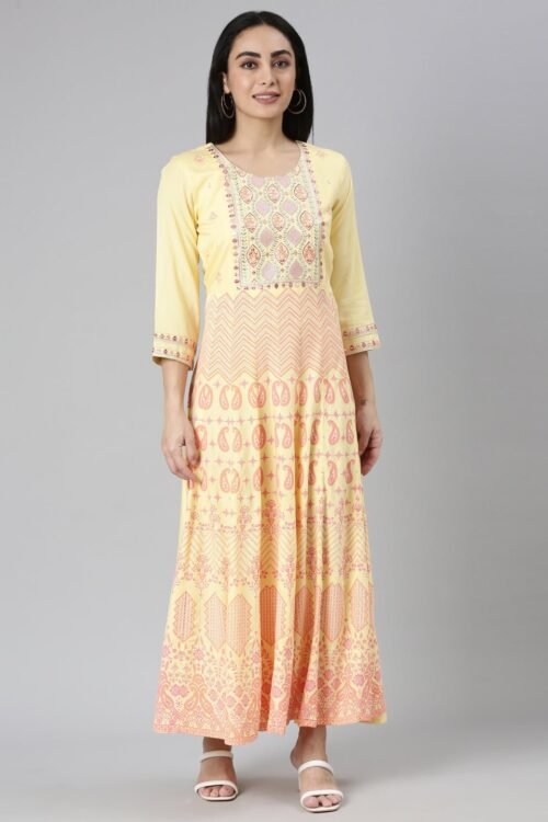 Transacthubs Yellow Straight-Cut Maxi Dresses Featuring Casual Ethnic Motifs