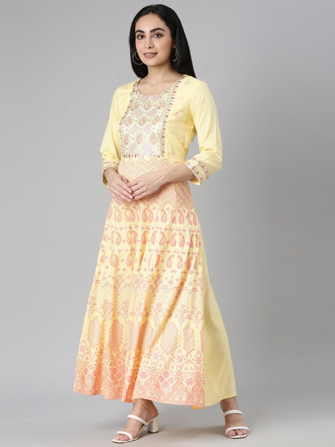 Transacthubs Yellow Straight-Cut Maxi Dresses Featuring Casual Ethnic Motifs - Image 2