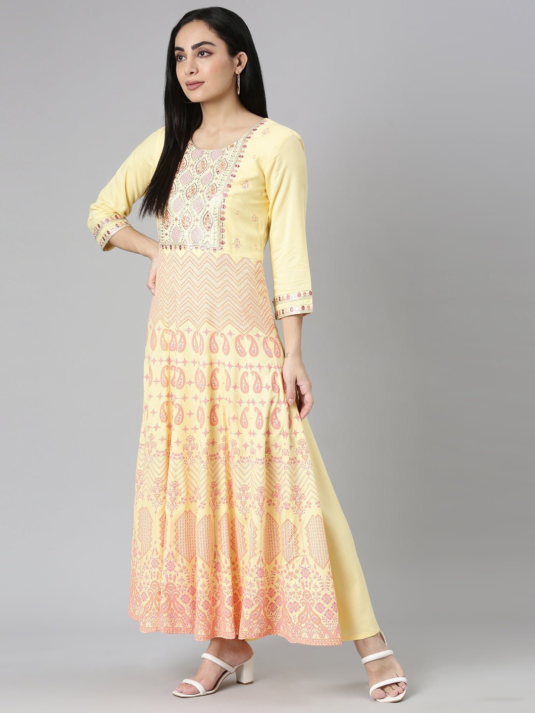 Transacthubs Yellow Straight-Cut Maxi Dresses Featuring Casual Ethnic Motifs - Image 5