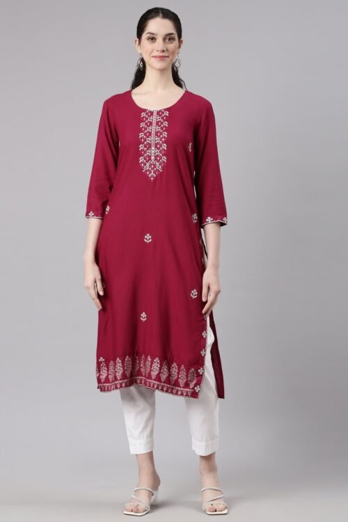 Transacthubs Red Straight Casual Floral Kurta