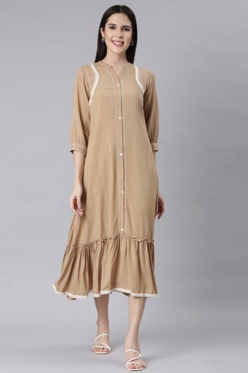 Transacthubs Beige Curved-Cut Casual Solid Maxi Dresses