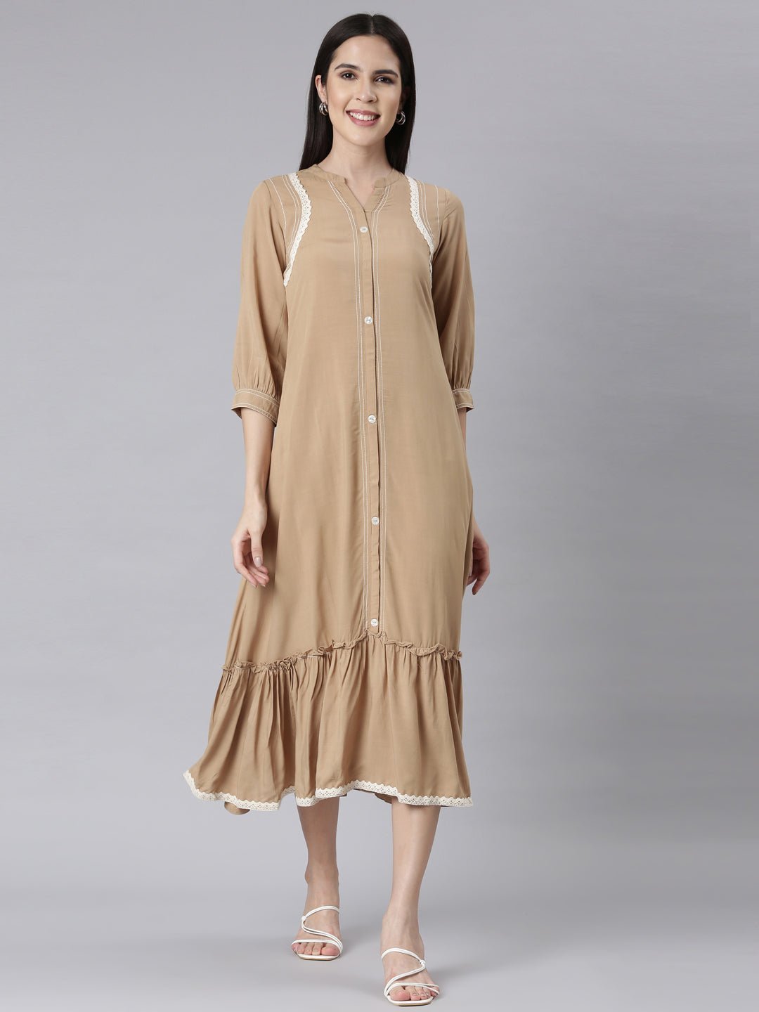 Transacthubs Beige Curved-Cut Casual Solid Maxi Dresses
