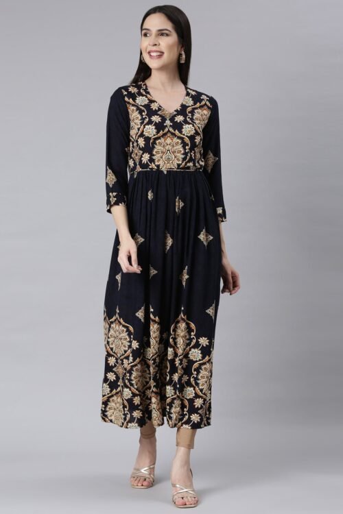 Transacthubs Navy Blue Curved-Cut Casual Floral Maxi Dresses