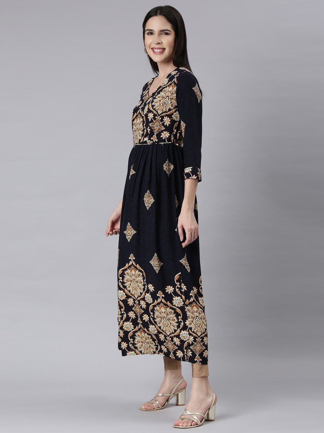 Transacthubs Navy Blue Curved-Cut Casual Floral Maxi Dresses - Image 2