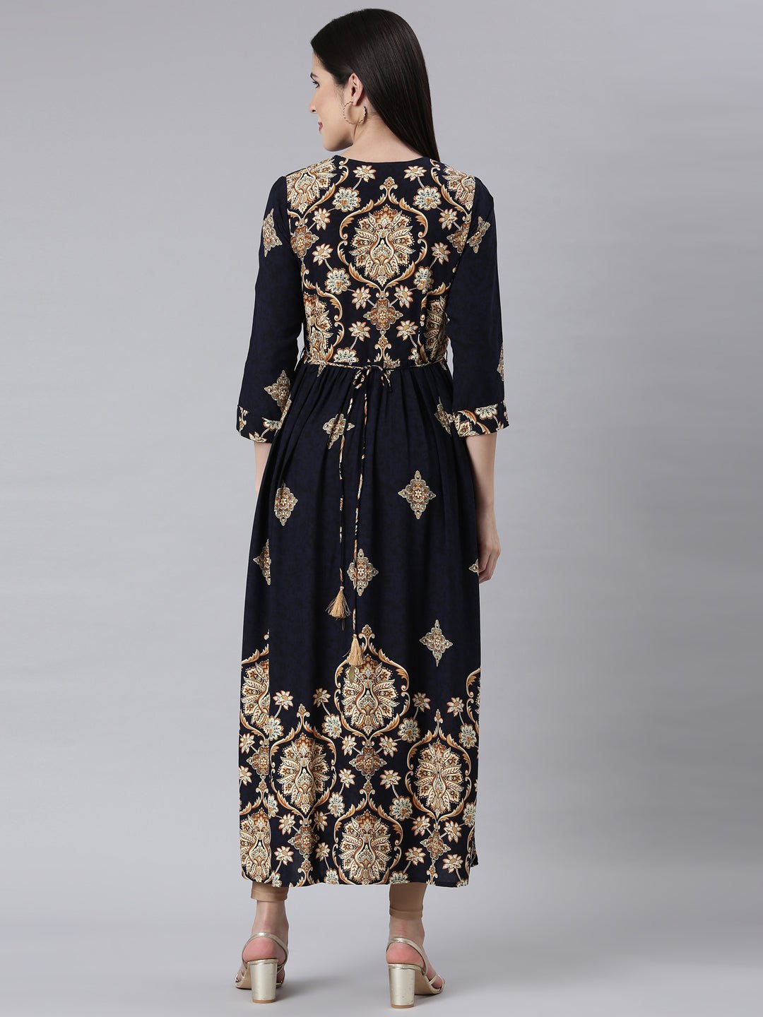 Transacthubs Navy Blue Curved-Cut Casual Floral Maxi Dresses - Image 3
