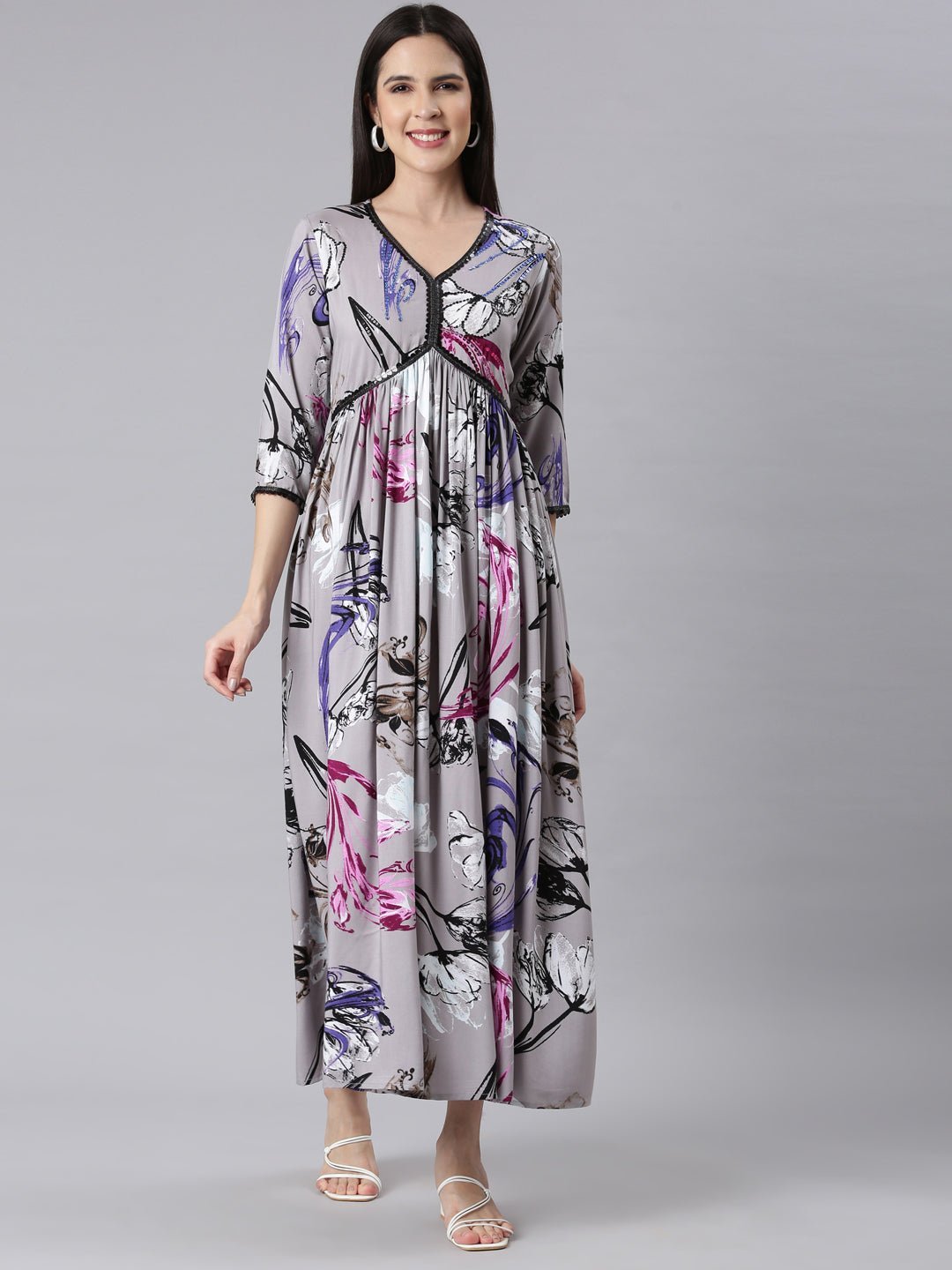 Transacthubs Grey Asymmetric Casual Floral Maxi Dresses - Effortless Everyday Elegance