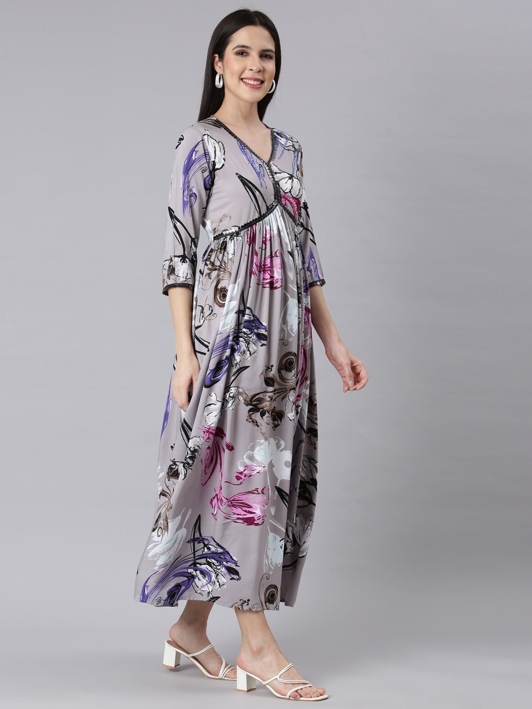 Transacthubs Grey Asymmetric Casual Floral Maxi Dresses - Effortless Everyday Elegance - Image 2