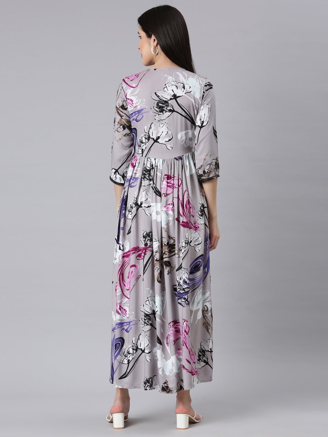 Transacthubs Grey Asymmetric Casual Floral Maxi Dresses - Effortless Everyday Elegance - Image 3