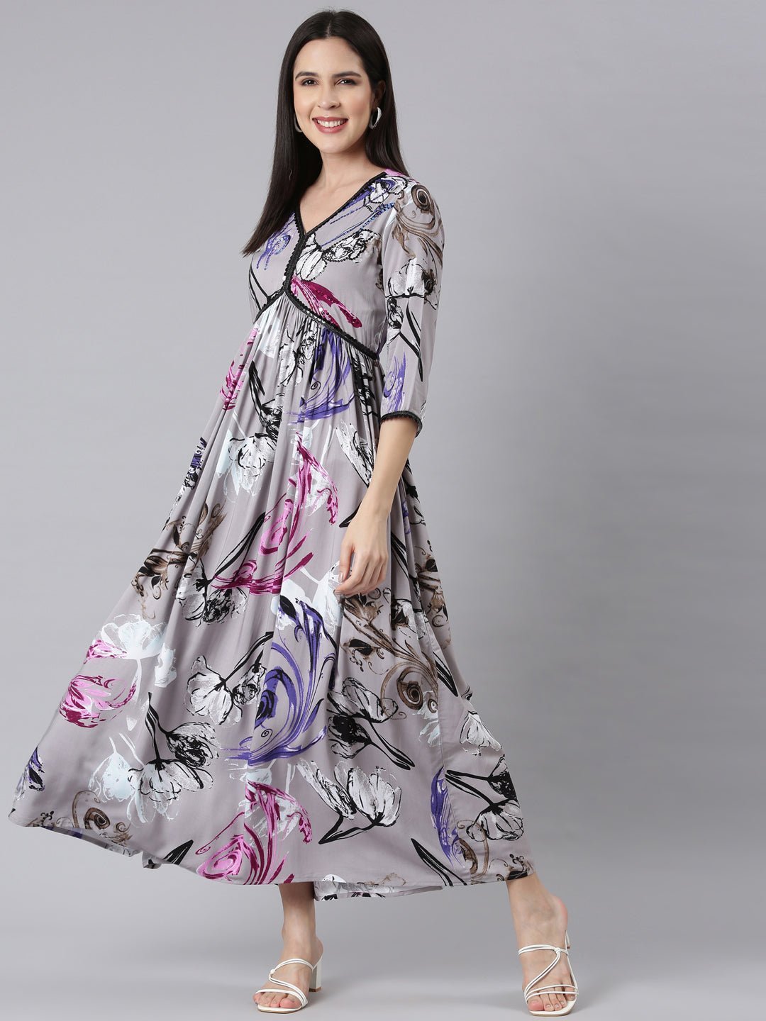 Transacthubs Grey Asymmetric Casual Floral Maxi Dresses - Effortless Everyday Elegance - Image 4