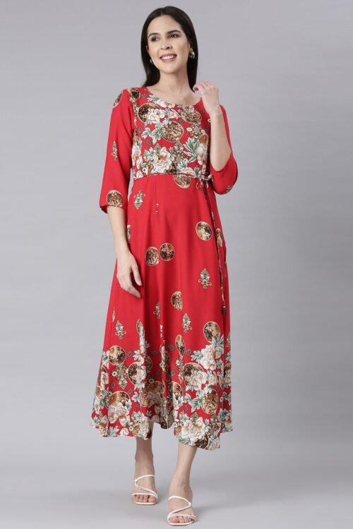 Transacthubs Red Curved-Cut Casual Floral Maxi Dresses