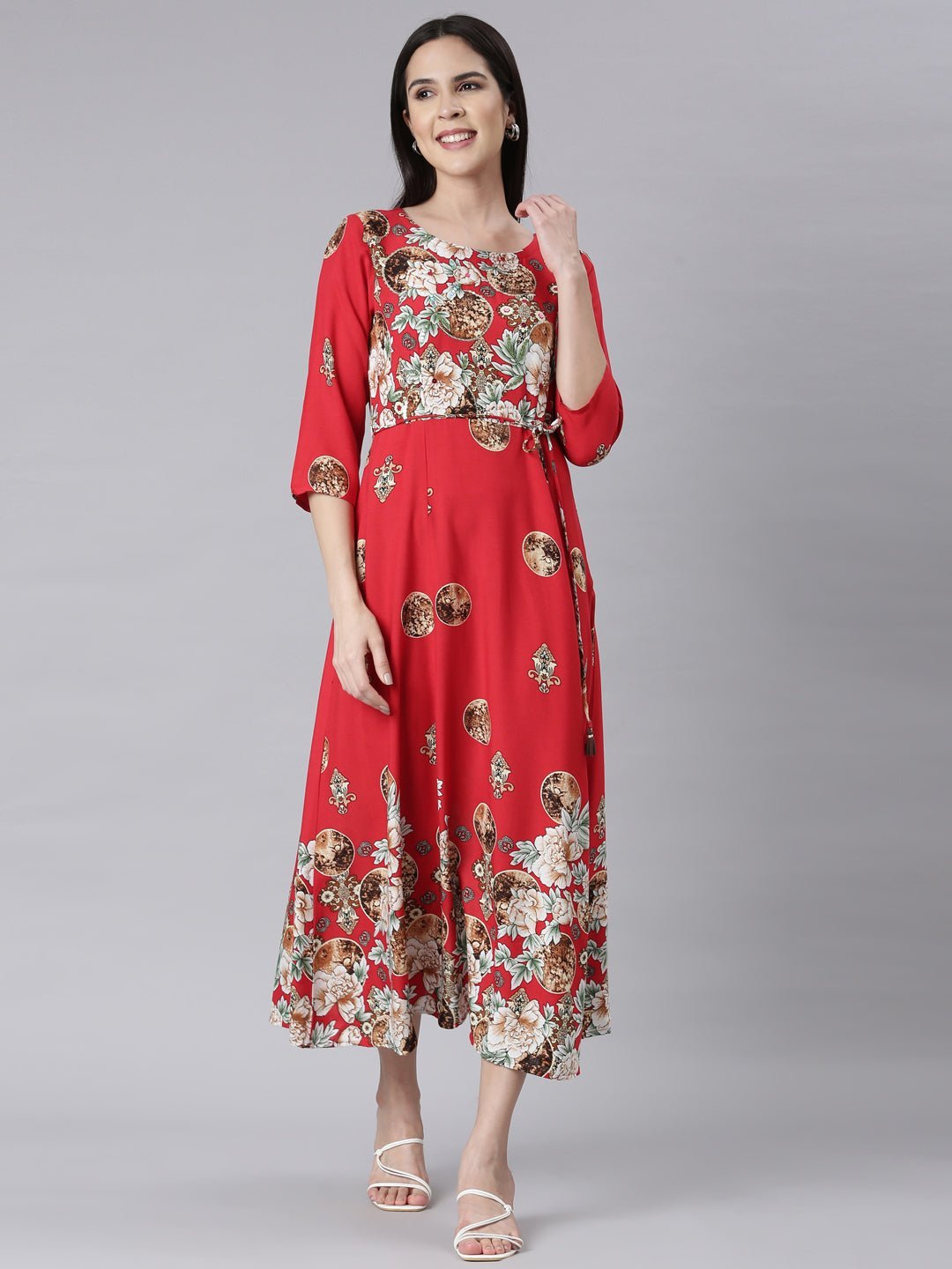 Transacthubs Red Curved-Cut Casual Floral Maxi Dresses