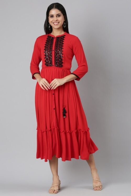 Transacthubs Red Flared Casual Solid Maxi Dresses – Effortless Everyday Style