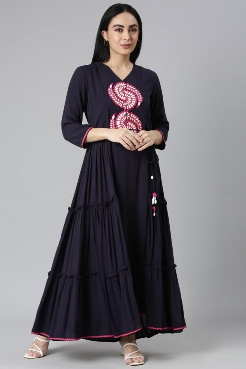 Transacthubs Navy Blue Flared Casual Solid Maxi Dress – Effortless Everyday Style