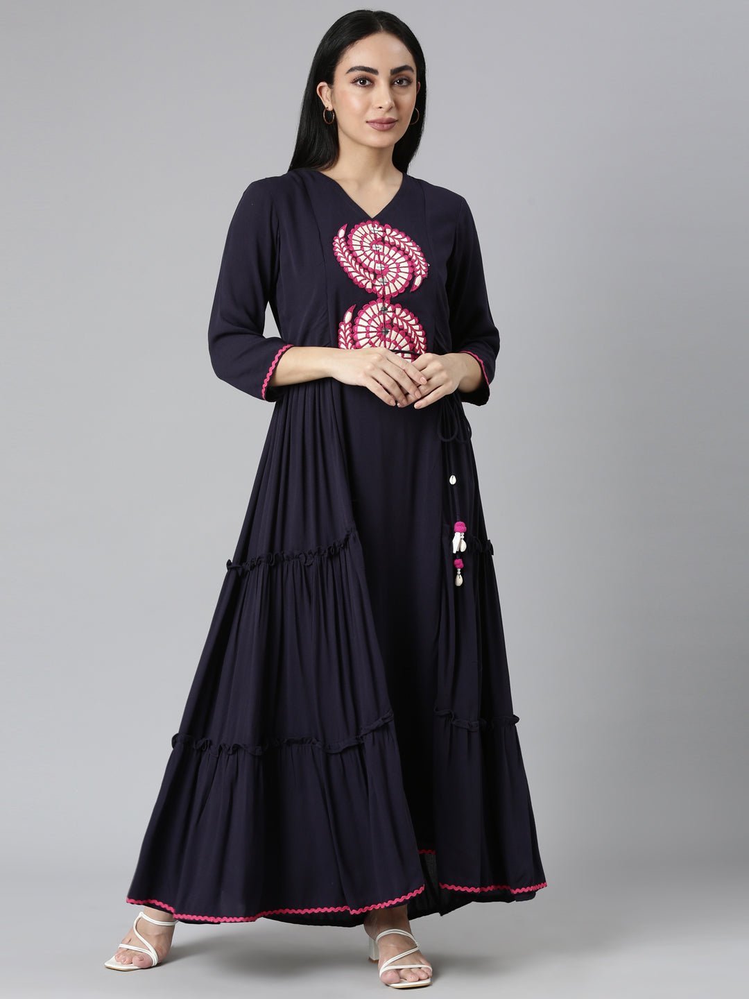 Transacthubs Navy Blue Flared Casual Solid Maxi Dress – Effortless Everyday Style