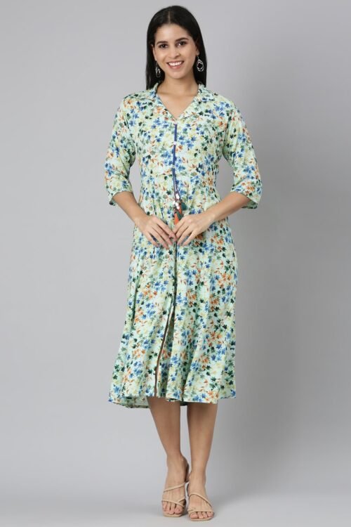 Transacthubs Green Flared Floral Fit-and-Flare Dresses – Casual-Chic Style