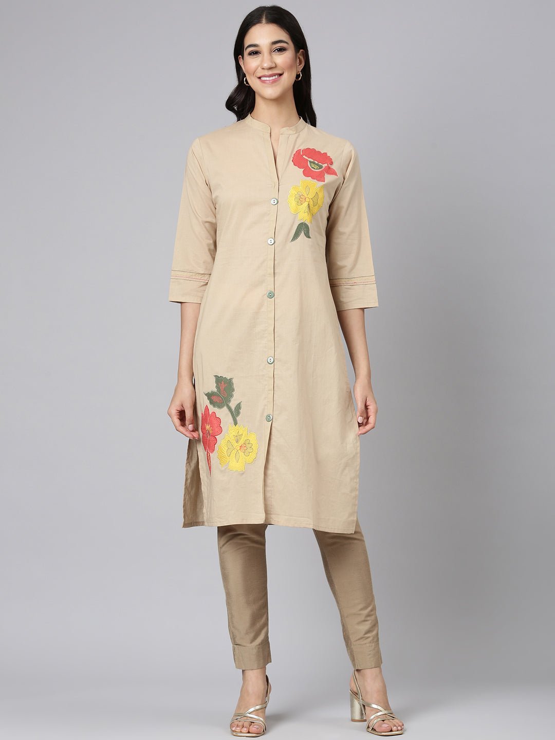 Transacthubs Beige Casual Solid Straight Kurta - Image 2