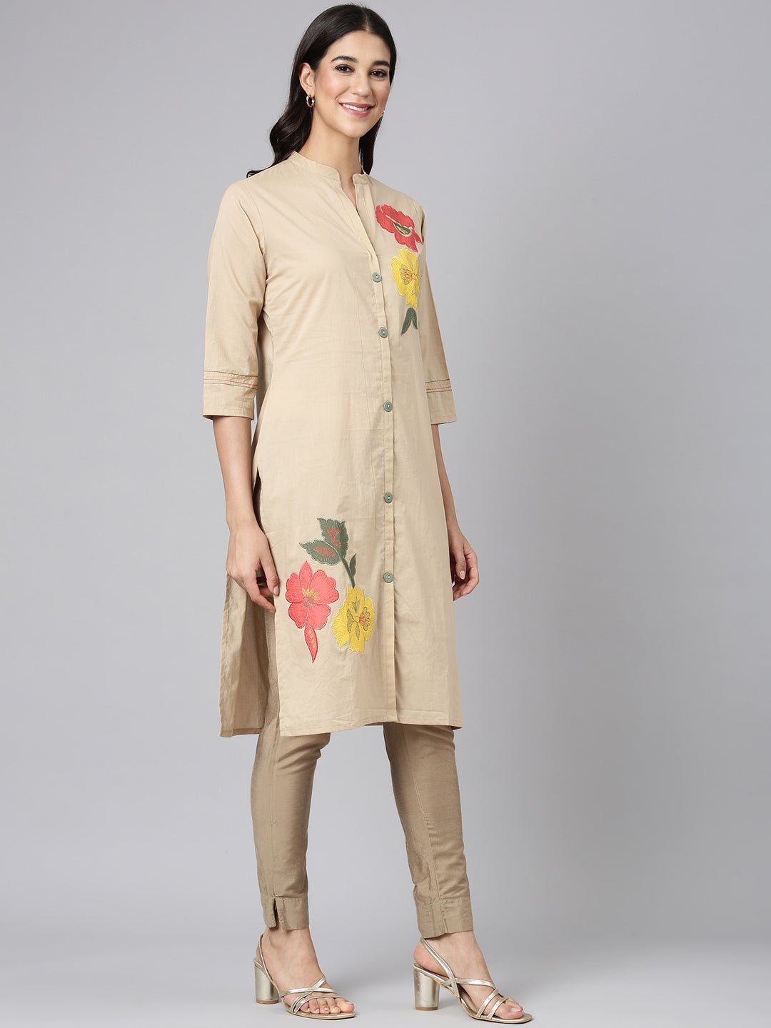 Transacthubs Beige Casual Solid Straight Kurta - Image 3
