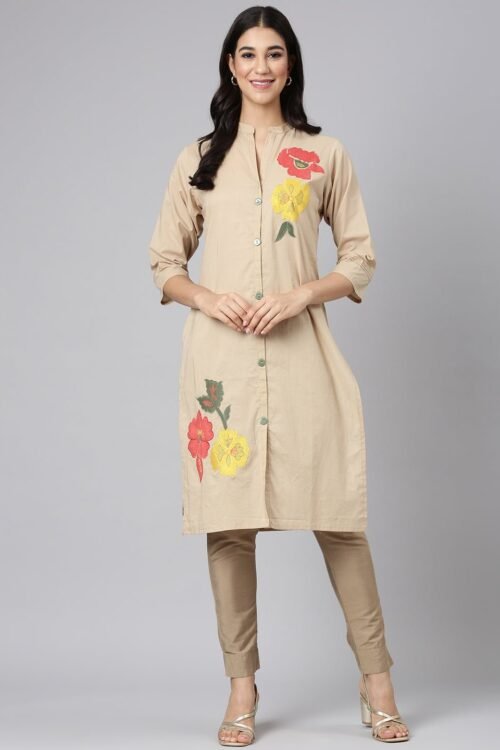 Transacthubs Beige Casual Solid Straight Kurta