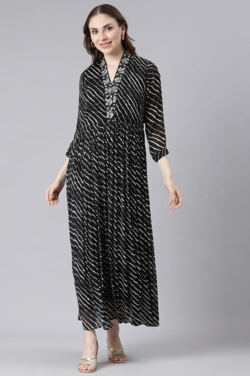 Transacthubs Black Cotton Maxi Dresses with Ethnic Motifs – Straight-Cut Casual Wear