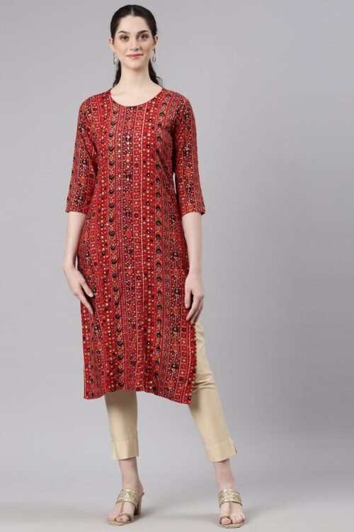 Transacthubs Red Straight Casual Embellished Kurta