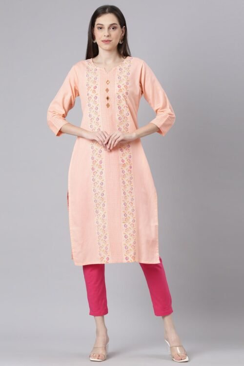 Transacthubs Orange Casual Floral Straight Kurta