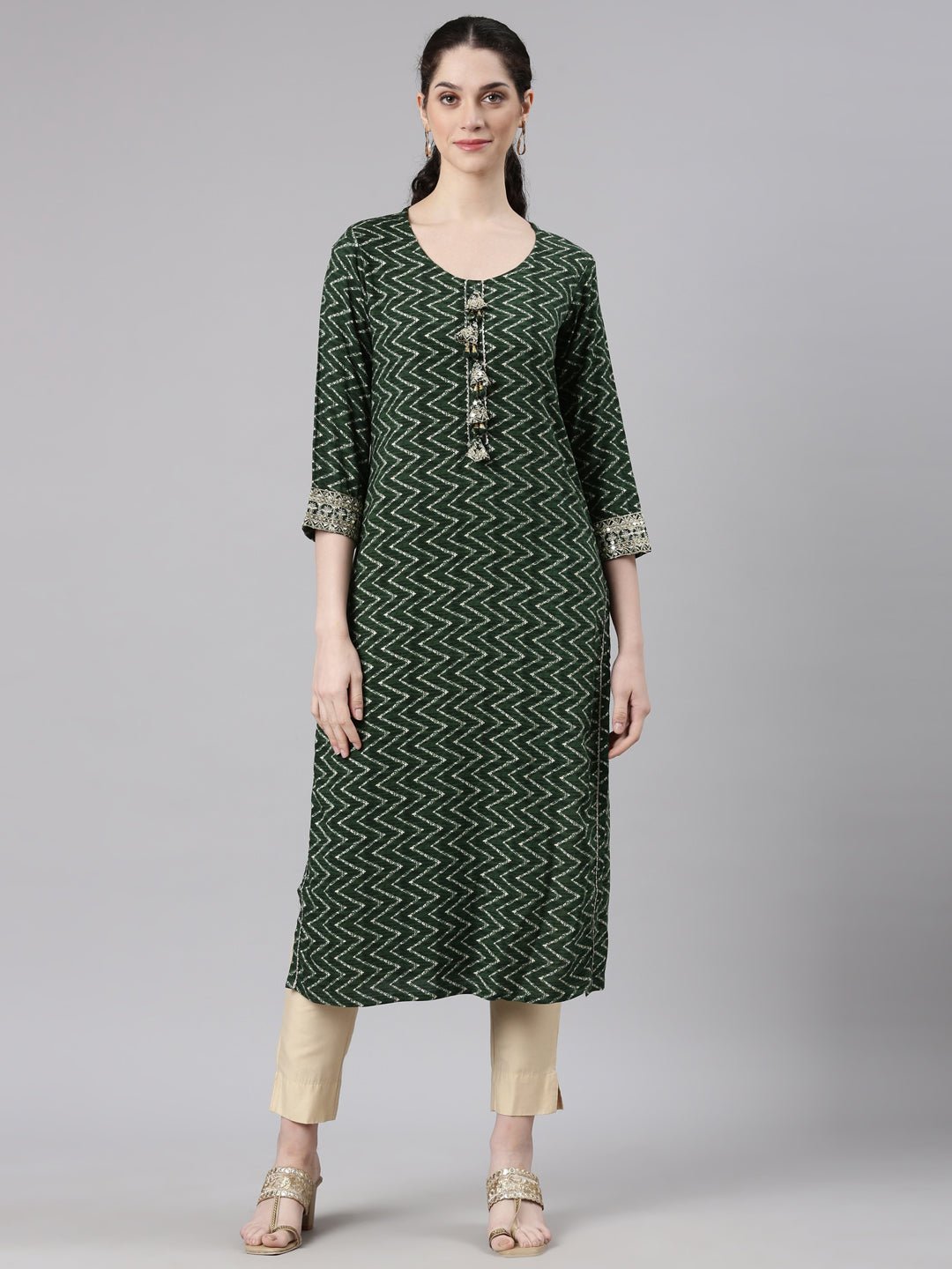Transacthubs Green Straight Casual Chevron Kurta